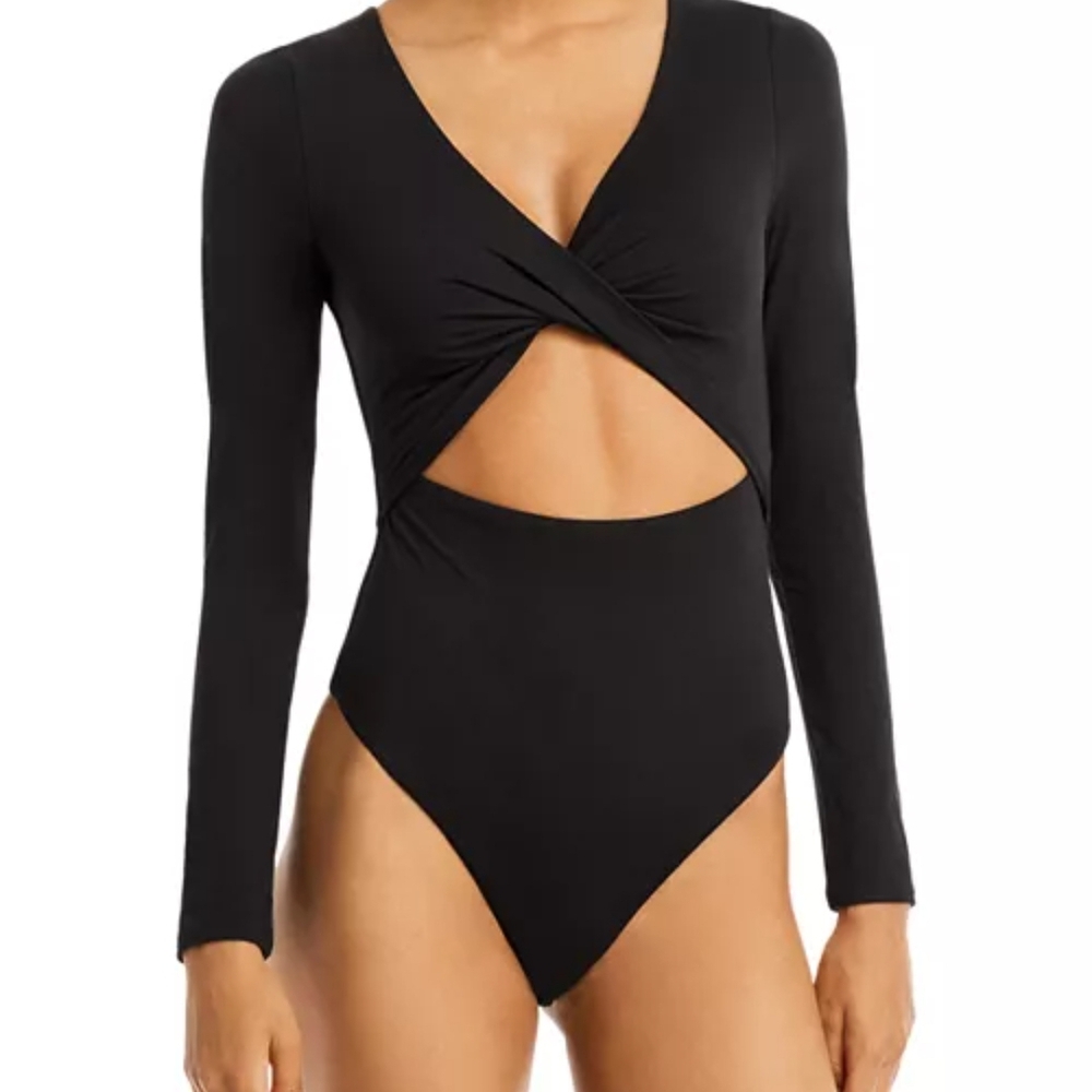New Fore Black Long Sleeve Twist Front Bodysuit